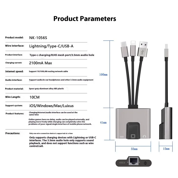 Adaptateur Ethernet 3 en 1 NK-1056S iP / USB-A / Type-C avec prise audio 3,5 mm pour Windows / Mac OS / Téléphone / Tablette