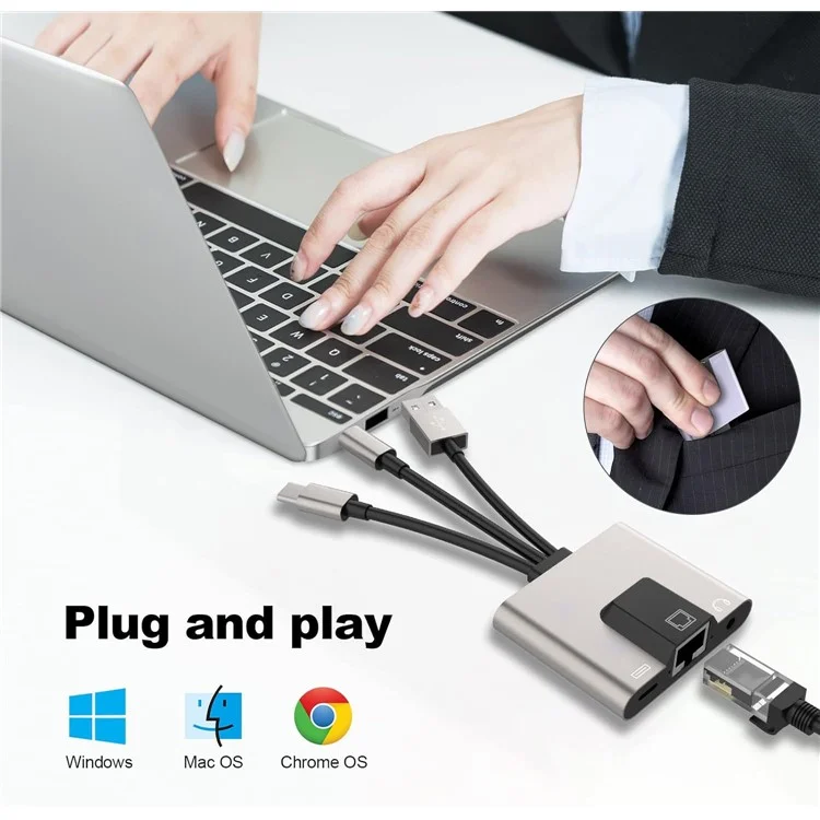 Adaptateur Ethernet 3 en 1 NK-1056S iP / USB-A / Type-C avec prise audio 3,5 mm pour Windows / Mac OS / Téléphone / Tablette
