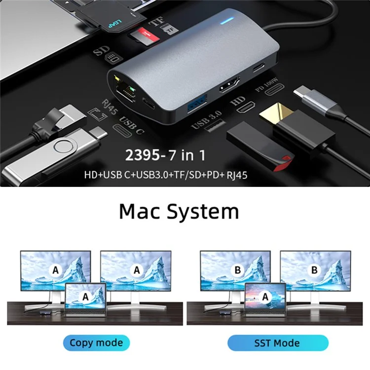 Концентратор USB-C 7-портовая док-станция с 4K HD, 100 Вт PD, USB 3.0, RJ45, считывателем SD/TF карт 2395-07