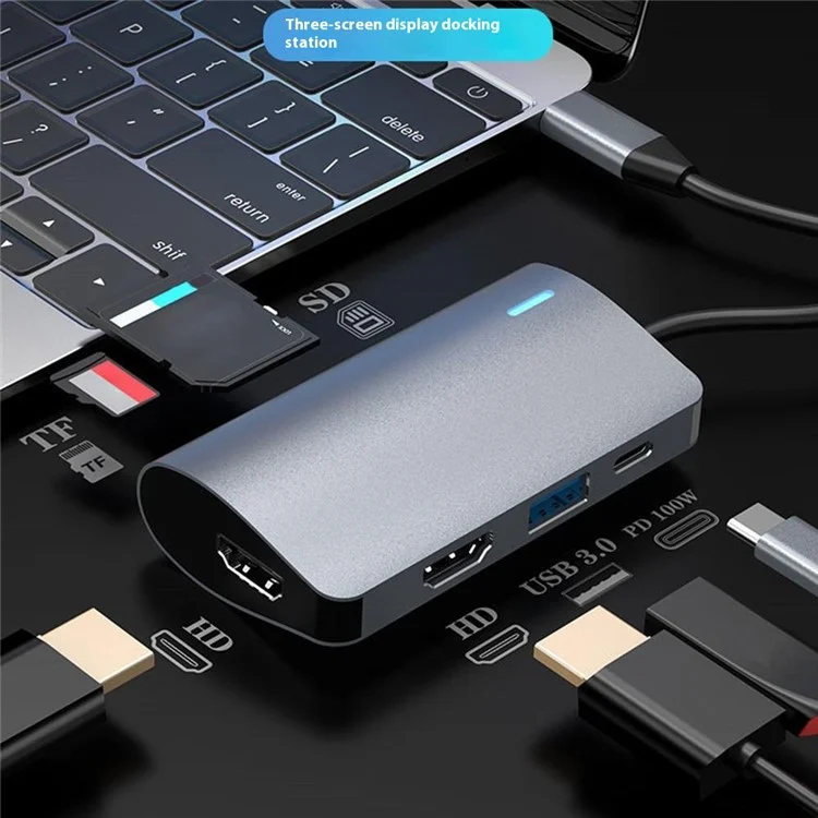 2395-06 6-in-1 USB-C Hub with Dual HD, 100W PD, USB 3.0, SD / TF Card Reader Docking Station - Grey