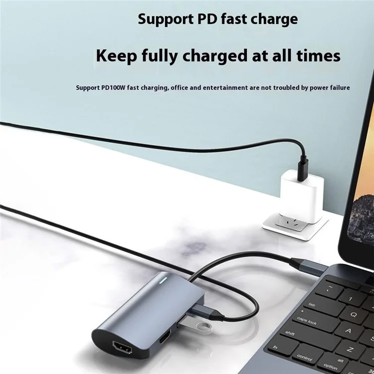 2395-06 6-in-1 USB-C Hub with Dual HD, 100W PD, USB 3.0, SD / TF Card Reader Docking Station - Grey