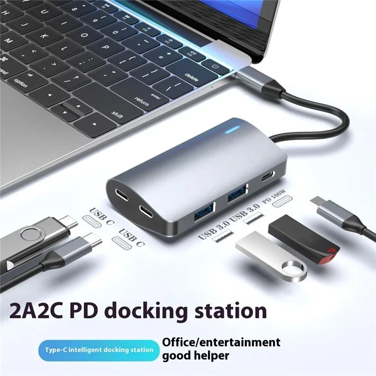 2395-2A2C30 Typ-C zu 2xUSB-C + 2xUSB3.0 + PD 100W Erweiterungsdock für MacBook USB-Hub - Grau