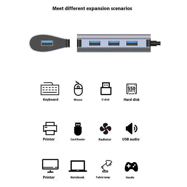 Hub USB-C 2395-0430 avec 4 ports USB 3.0 Transfert de données 5 Gbps Station d'accueil en alliage d'aluminium - Gris