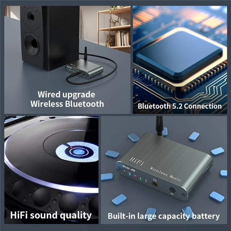 D500 Bluetooth-compatible 5.2 Receiver Transmitter 2 in 1 Qualcomm Audio Adapter with 3.5mm AUX Interface