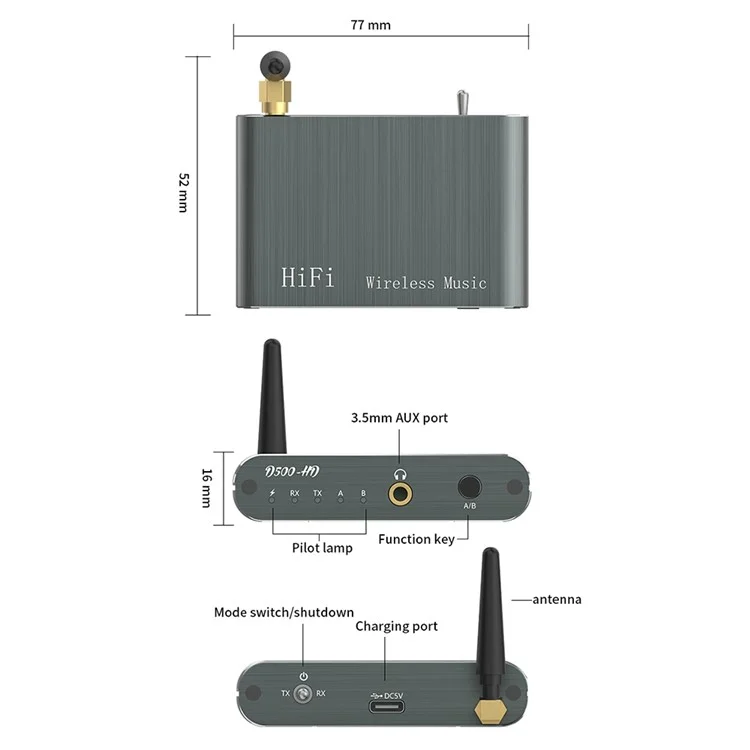 D500 Bluetooth-compatible 5.2 Receiver Transmitter 2 in 1 Qualcomm Audio Adapter with 3.5mm AUX Interface