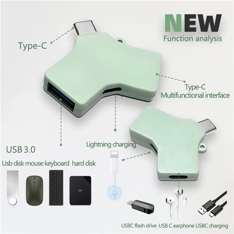 Hub multifuncional Type-C USB 3.0 com porta Type-C de 8 pinos para transferência de dados e carregamento