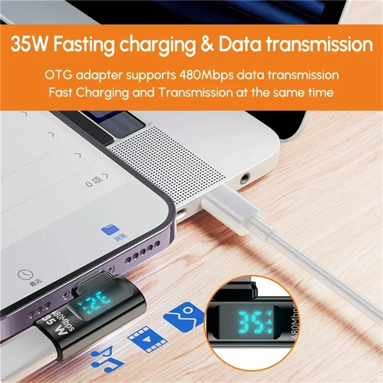 iP Female to USB-C Male Adapter Digital Display PD 35W Fast Charging Data Transfer Elbow Converter - Transparent Black