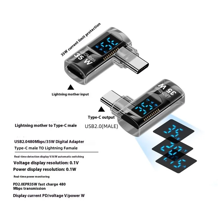 iP Female to USB-C Male Adapter Digital Display PD 35W Fast Charging Data Transfer Elbow Converter - Transparent Black