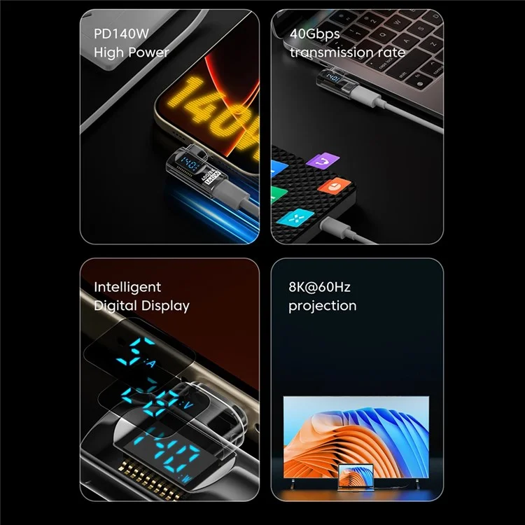 USB-C Female to USB-C Male L-Shape Adapter Digital Display PD 140W Fast Charging 40Gbps 8K 60Hz Converter - Black