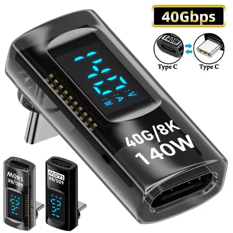 Adaptateur USB4 40 Gbps 140 W de Type-C à Type-C avec Affichage Numérique, Charge Rapide, Transfert de Données, Convertisseur 8K@60Hz - Noir Transparent