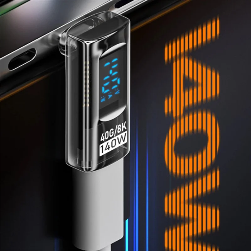 Adaptateur USB4 40 Gbps 140 W de Type-C à Type-C avec Affichage Numérique, Charge Rapide, Transfert de Données, Convertisseur 8K@60Hz - Noir Transparent