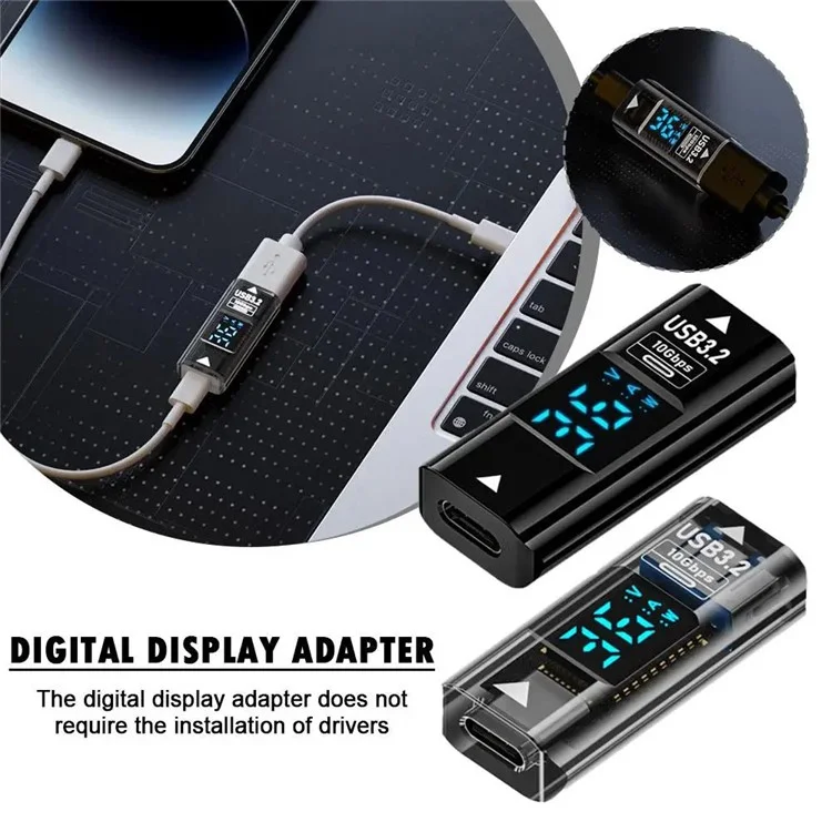 USB C auf USB Adapter mit digitaler Anzeige 10Gbps Datenübertragung Ladewandler für Laptop - Transparent Schwarz