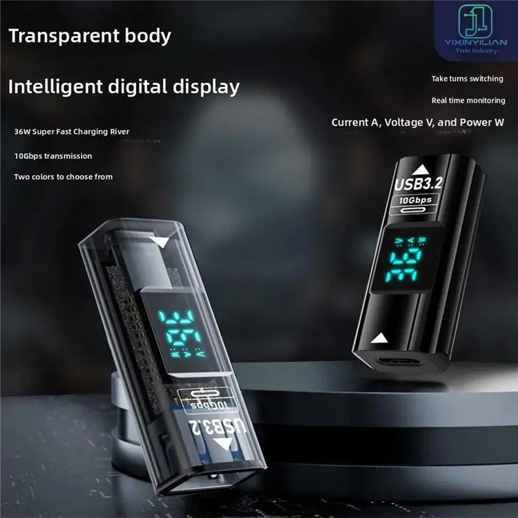 USB C auf USB Adapter mit digitaler Anzeige 10Gbps Datenübertragung Ladewandler für Laptop - Transparent Schwarz
