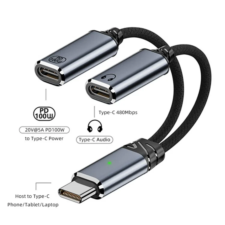 UC-030-TC001 USB-C Male to Dual Female Audio DAC AUX  /  100W PD Power Cable for Laptop / Tablet / Phone