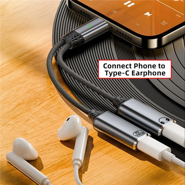 UC-030-TC001 USB-C Male to Dual Female Audio DAC AUX  /  100W PD Power Cable for Laptop / Tablet / Phone