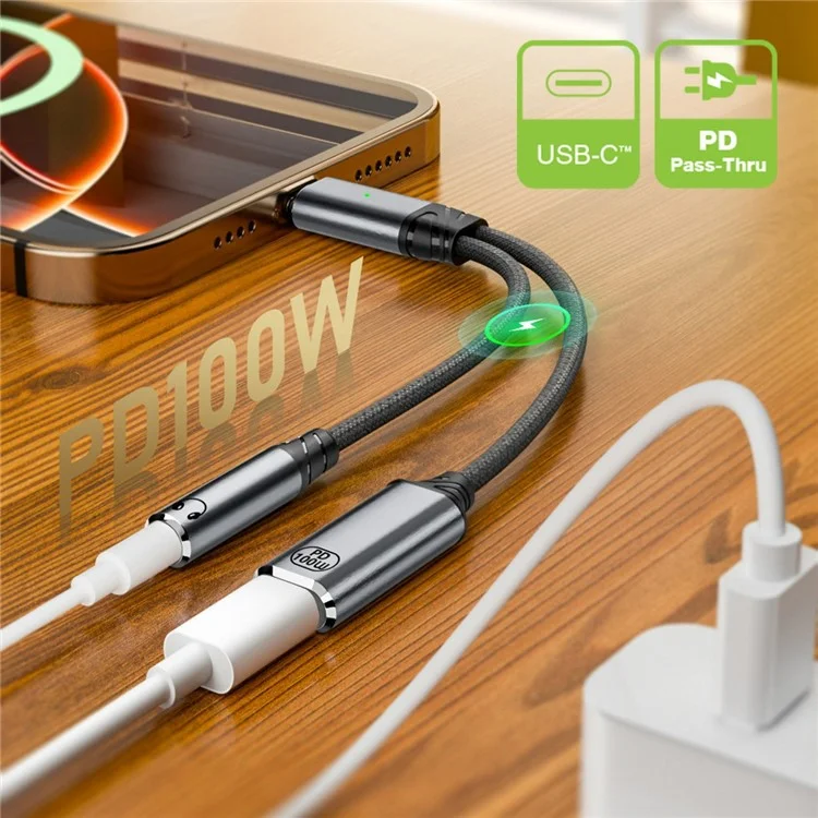 Adaptador USB-C a 3,5 mm con cable de carga PD de 100 W para portátiles / tabletas / teléfonos
