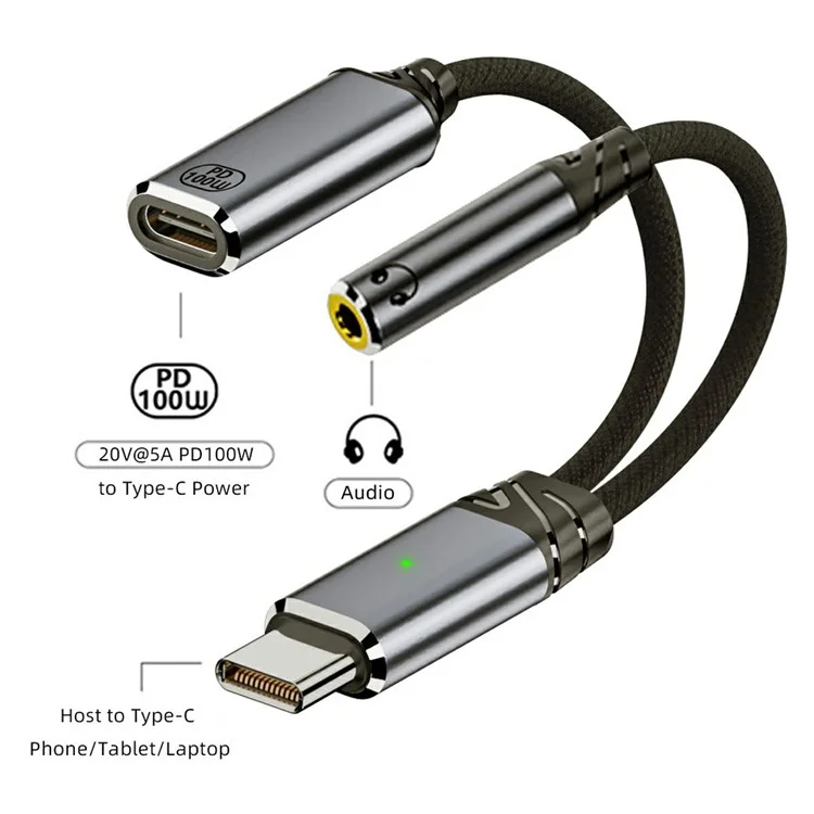 Adaptador USB-C a 3,5 mm con cable de carga PD de 100 W para portátiles / tabletas / teléfonos