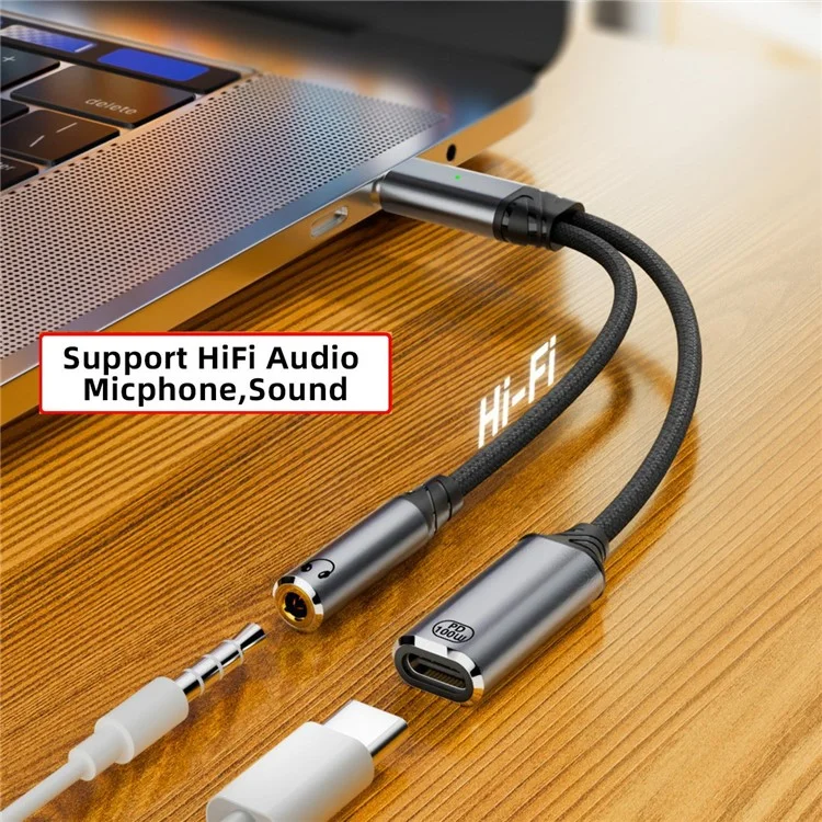 Adaptador USB-C a 3,5 mm con cable de carga PD de 100 W para portátiles / tabletas / teléfonos