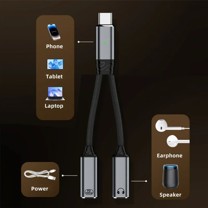 Adaptador USB-C a 3,5 mm con cable de carga PD de 100 W para portátiles / tabletas / teléfonos