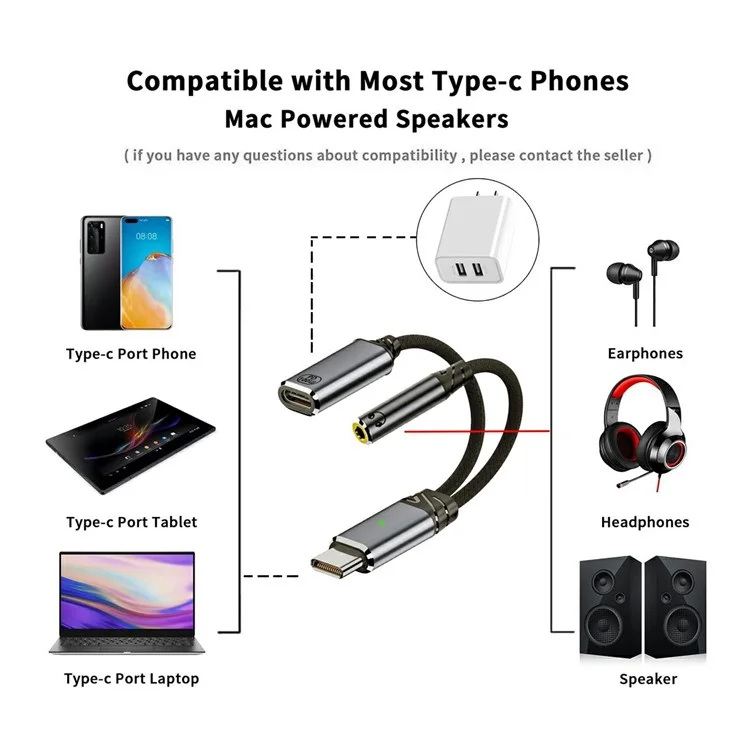 Adaptador USB-C a 3,5 mm con cable de carga PD de 100 W para portátiles / tabletas / teléfonos