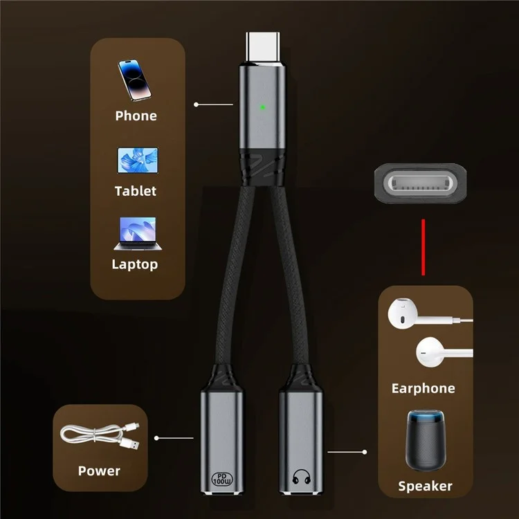 Cable adaptador UC-030-TC004 USB-C a Lightning hembra con 100W PD y audio DAC para portátil, tableta y teléfono