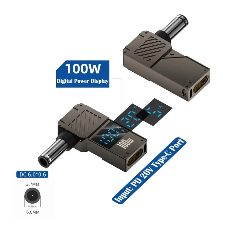 PD 100W Laptop Charging Adapter Type-C to DC 6.0x0.6mm Digital Display Fast Charging Converter