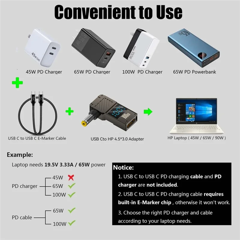 PD 100W Laptop Charging Adapter Type-C to DC 5.5x2.5mm Digital Display Fast Charging Converter