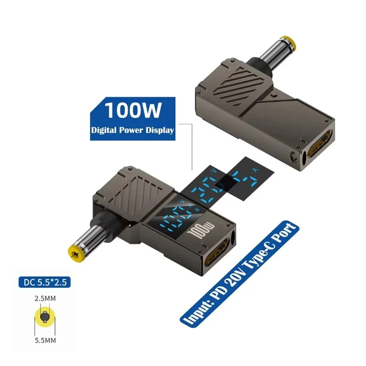PD 100W Laptop Charging Adapter Type-C to DC 5.5x2.5mm Digital Display Fast Charging Converter