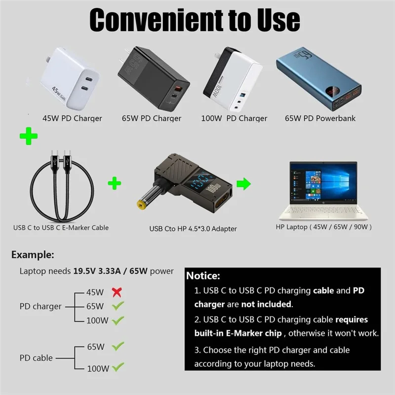 PD 100W Laptop Charging Adapter Type-C to DC 5.5x1.7mm Digital Display Fast Charging Converter