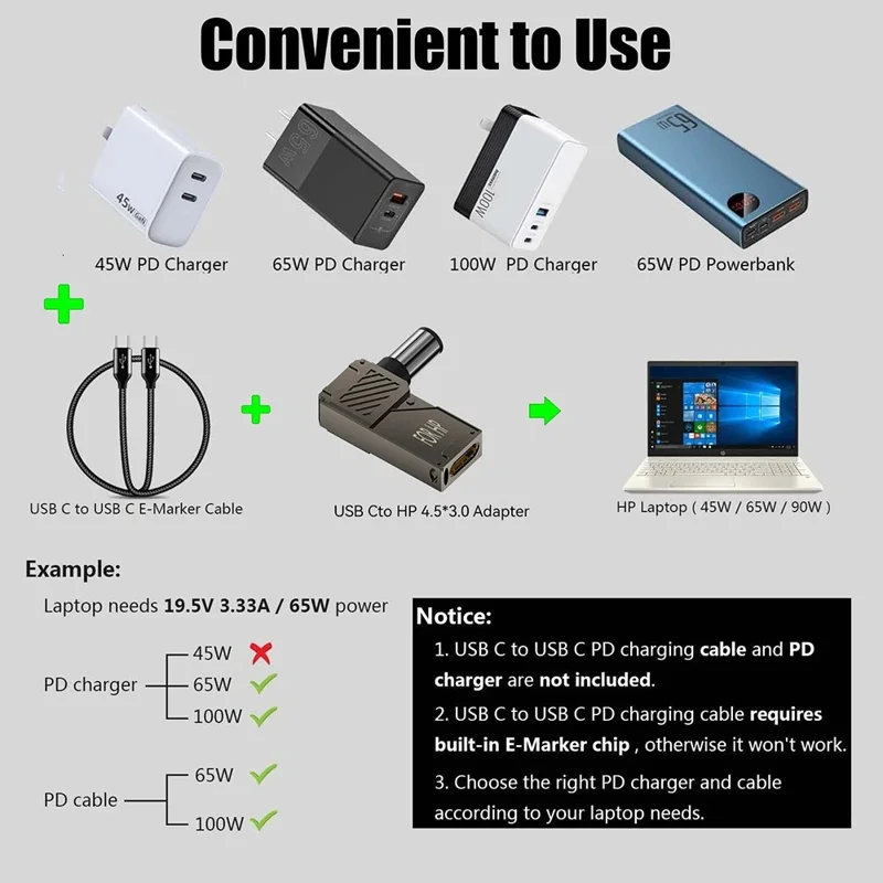 For HP Laptop PD 100W Charging Adapter Type-C to DC 7.4x5.0mm Digital Display Zinc Alloy Converter