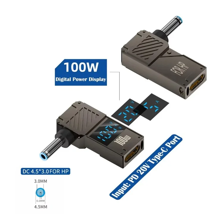 For HP Laptop PD 100W Charging Adapter Type-C to DC 4.5x3.0mm Digital Display Zinc Alloy Converter