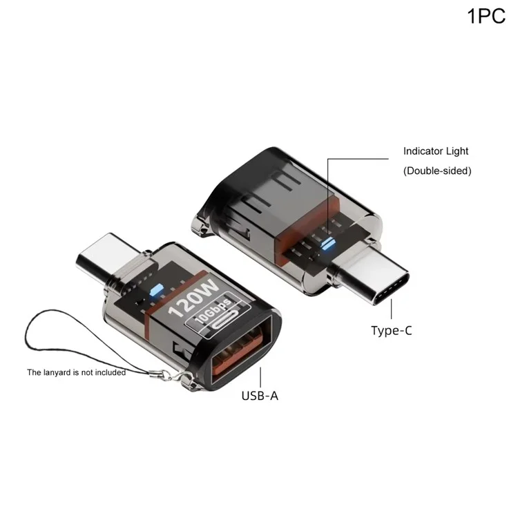 Type C Male to USB A Female Adapter 10Gbps 120W Fast Charging Transparent Shell OTG Converter - Transparent Black