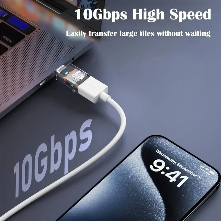 Type C Male to USB A Female Adapter 10Gbps 120W Fast Charging Transparent Shell OTG Converter - Transparent Black