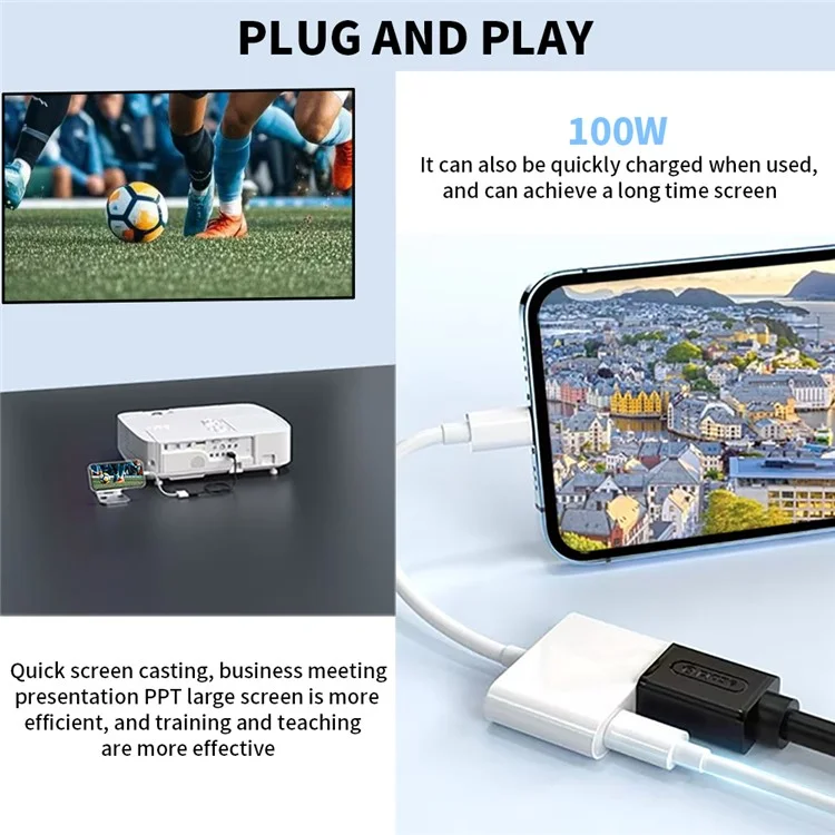 Type-C to HD Adapter with Charging Port 2 in 1 Screen Mirroring Audio Video Sync Converter for TV Monitor Projector