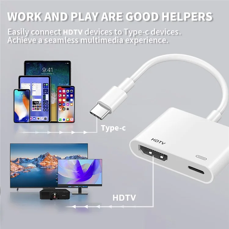 Type-C to HD Adapter with Charging Port 2 in 1 Screen Mirroring Audio Video Sync Converter for TV Monitor Projector