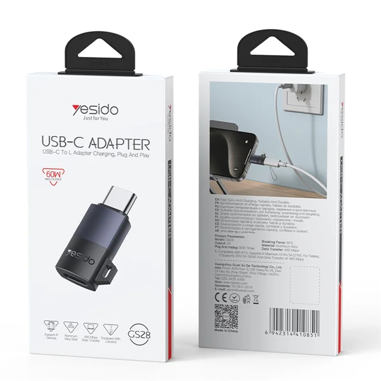 Adaptador de Carregamento e Transferência de Dados YESIDO GS28 - Fêmea 8 Pinos para Tipo-C Macho