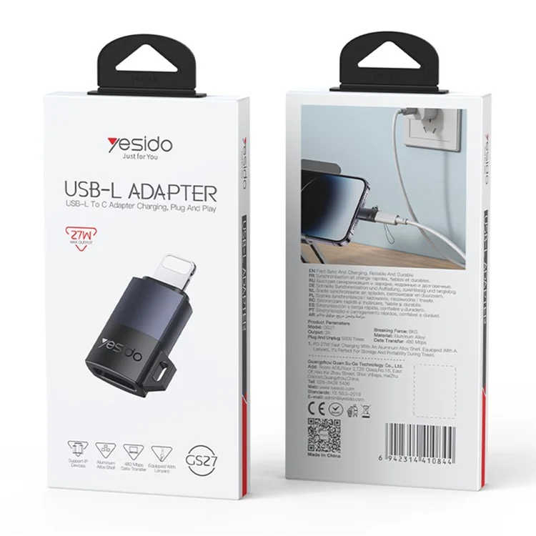 YESIDO GS27 Adattatore da USB-C Femmina a 8 Pin Maschio per Ricarica Rapida PD 27W e Trasferimento Dati