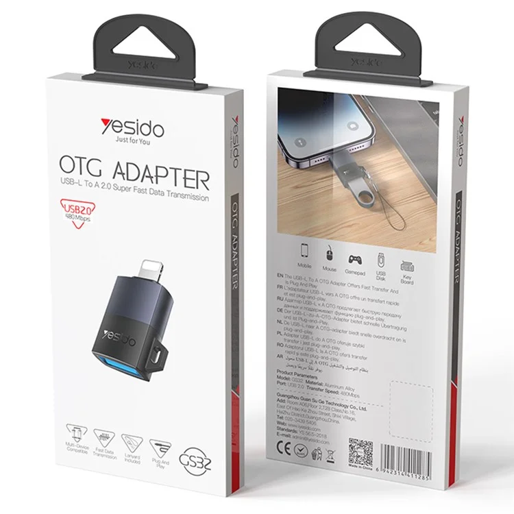 YESIDO GS32 OTG USB A Female to 8Pin Male Adapter Data Transfer Converter for Phone / Tablet