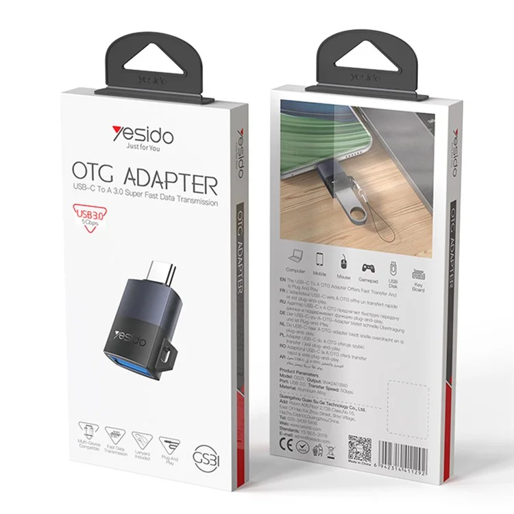 YESIDO GS31 OTG-адаптер USB 3.0 на Type-C, 18 Вт, быстрая зарядка, алюминиевый конвертер