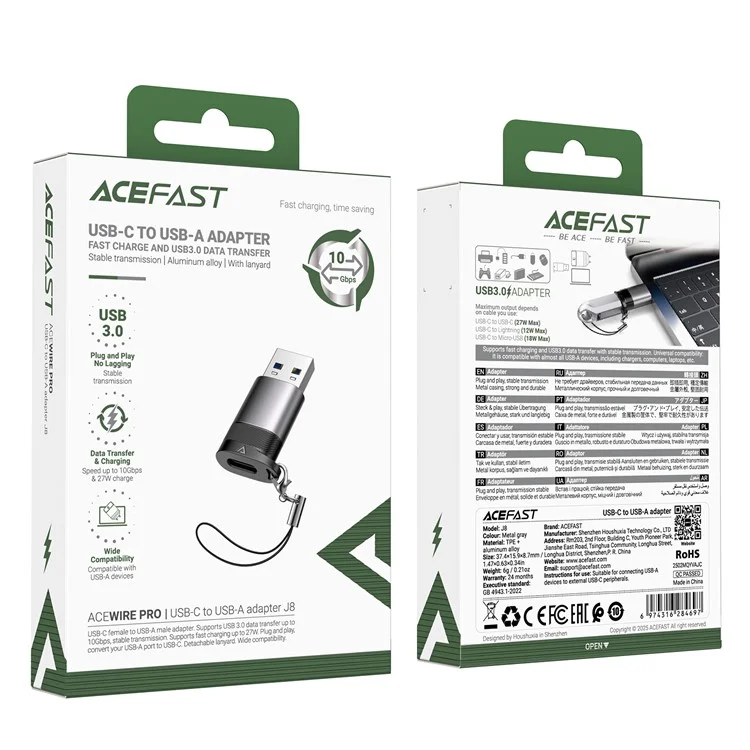 Adaptateur ACEFAST J8 USB-C Femelle vers USB-A Mâle 10 Gbps Transfert de Données Convertisseur de Charge Rapide