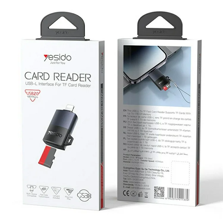 YESIDO GS38 8Pin TF Card Reader 480Mbps Transfer Speed Portable Memory Card Reader