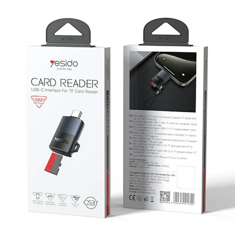 YESIDO GS37 Type-C TF Card Reader Tablet Phone Laptop Memory Card Reader with Lanyard