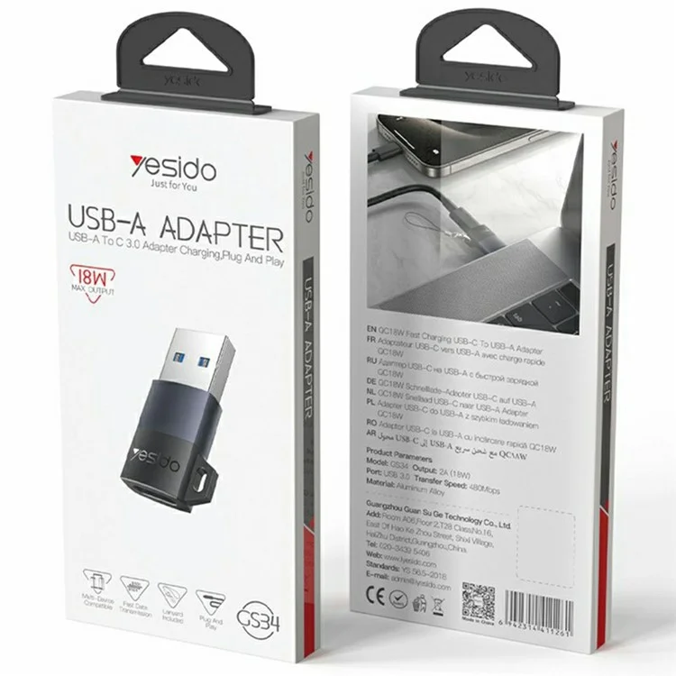 YESIDO GS34 USB-C Female to USB-A Male Adapter Data Transfer Fast Charging Converter
