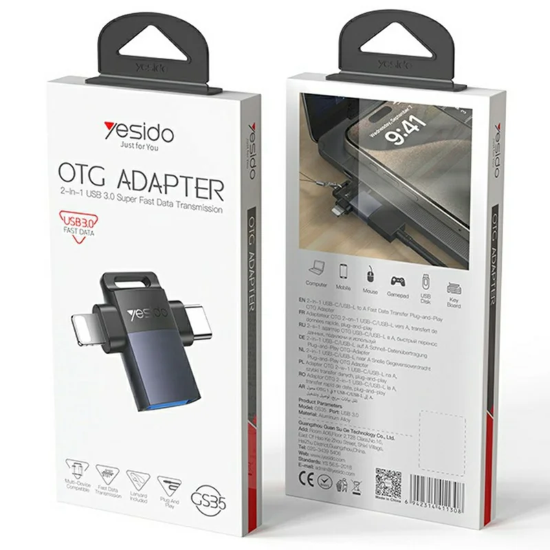 YESIDO GS35 Adattatore da USB femmina a USB-C / iP maschio Cavo convertitore USB 3.0 per laptop / telefono / tablet