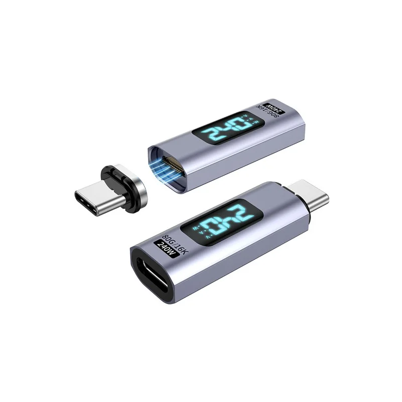 Adaptador Conversor Magnético Tipo C para Tipo C de 240W com Display Digital - 16K HD, Transferência de Dados de 80Gbps - Cabeça Reta