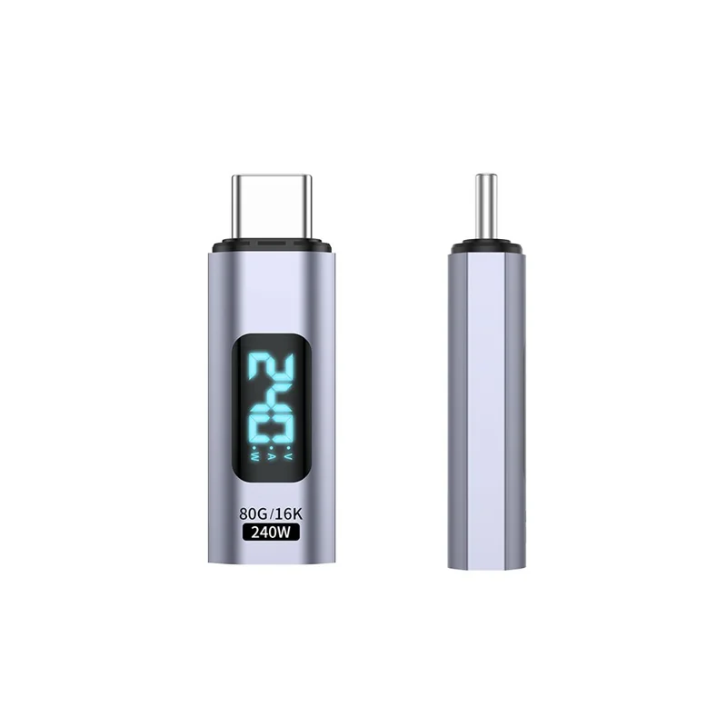 Adaptador Conversor Magnético Tipo C para Tipo C de 240W com Display Digital - 16K HD, Transferência de Dados de 80Gbps - Cabeça Reta