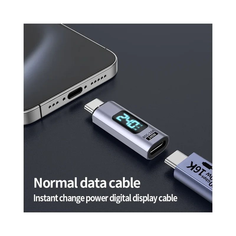Adaptador Conversor Magnético Tipo C para Tipo C de 240W com Display Digital - 16K HD, Transferência de Dados de 80Gbps - Cabeça Reta