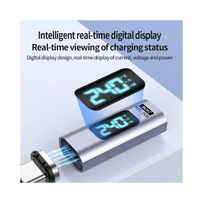 Adaptador Conversor Magnético Tipo C para Tipo C de 240W com Display Digital - 16K HD, Transferência de Dados de 80Gbps - Cabeça Reta