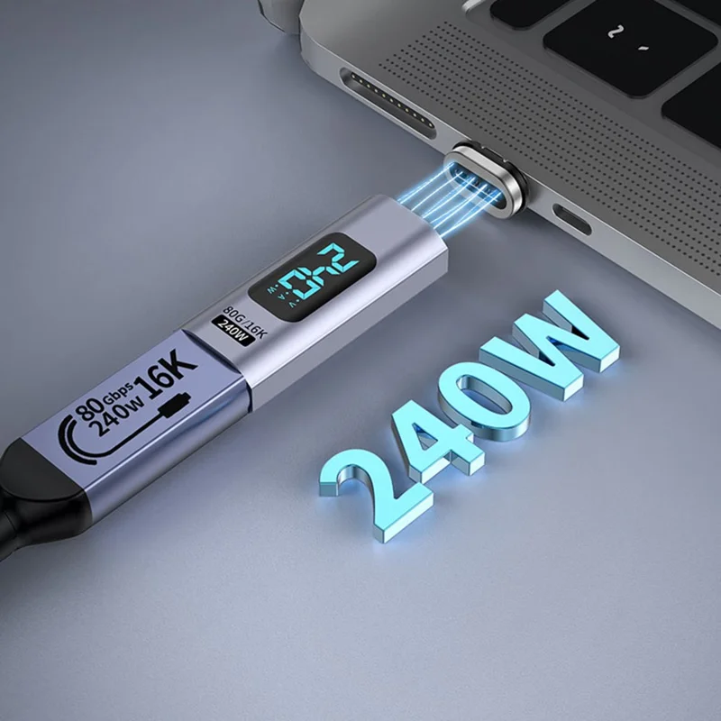 Adaptador Conversor Magnético Tipo C para Tipo C de 240W com Display Digital - 16K HD, Transferência de Dados de 80Gbps - Cabeça Reta