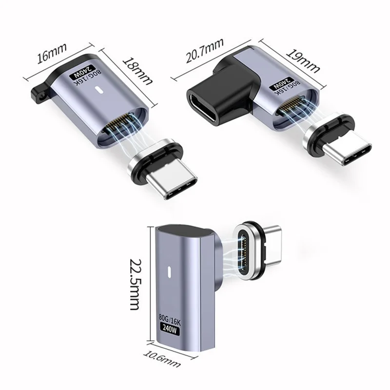 Adaptador Magnético Tipo C a Tipo C Convertidor de Vídeo HD 16K 60Hz 240W 80Gbps Transferencia de Datos - Cabezal Acodado